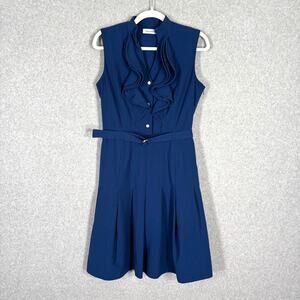 Calvin Klein Dress 6 Knee Ruffle Belted Pleated Yacht Career Church Glam Royal‎
